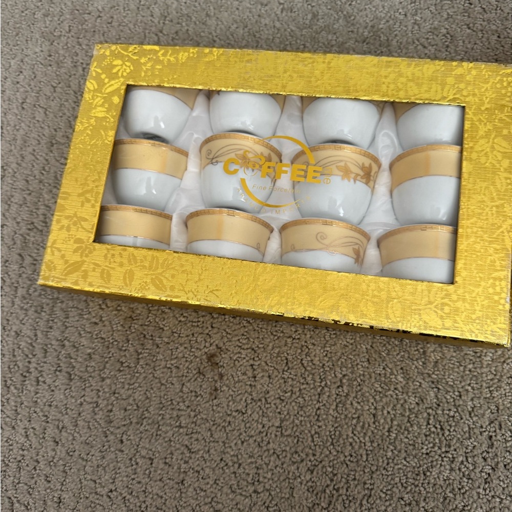 Turkish Coffee Cups Set – 23 Pieces Fine Porcelain “Coffee Me” Gold Gift Boxes - Picture 4 of 7